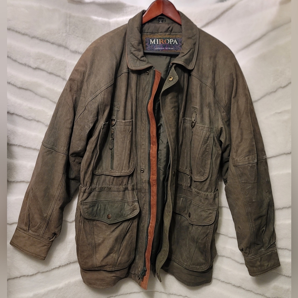 VTG Miropa Green Brown Leather Duffle Coat Pockets Adjustable Waist Men's Large
